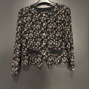 Vintage Floral Print Long Sleeve Button Up Blouse with Polka Dot Accents small